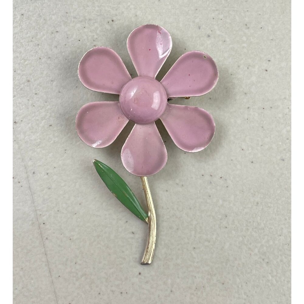 Vintage Pink Enamel Flower Pin Daisy Lapel Pink Green Large Flower 3" Tall Mom